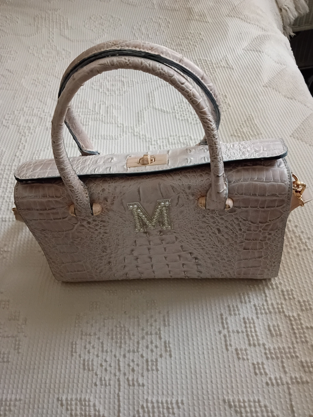 Women's Faux Croc Top-Handle Satchel in Light Beige with M Initial By JESS KING